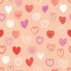 Seamless pattern with hand drawn hearts. Background with elements in cartoon style. Doodles. Design for Valentine’s Day, Mother’s Day and Women’s Day. Vector illustration