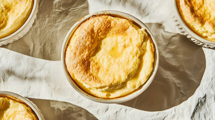 A vibrant cheese souffle baked to golden perfection served in individual ramekins on a textured...