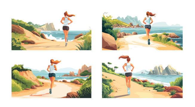 Woman running cartoon vector scenes. Jogging female back view workout sport character girl marathon road sea ocean shore mountains coast landscape isolated illustrations