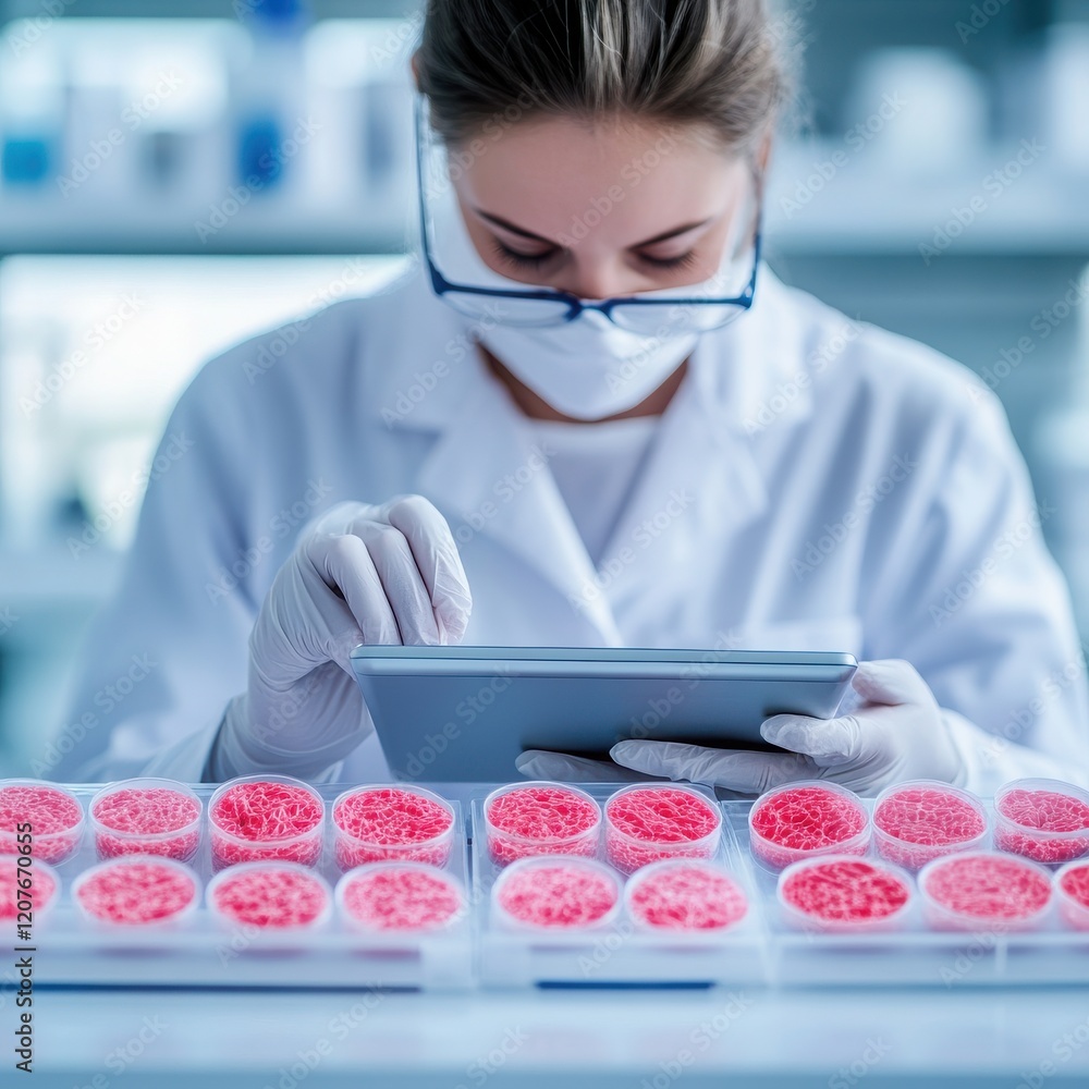 Poster a focused scientist analyzes data on a tablet in a laboratory filled with colorful samples in petri 