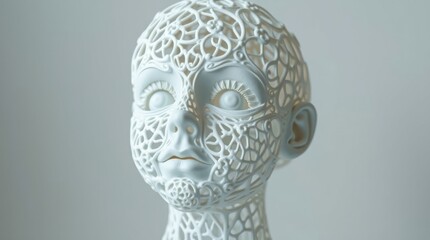 Intricate 3D-printed head sculpture, delicate lace-like design, minimalist aesthetic, white color, artistic, detailed craftsmanship.