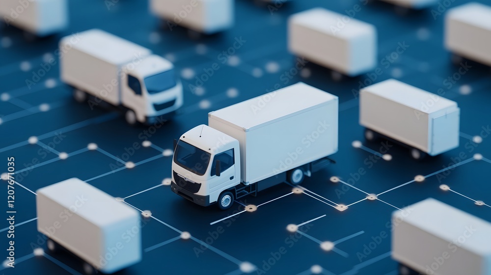Poster interconnected delivery vehicles on efficient transit routes,3d of logistical transportation and