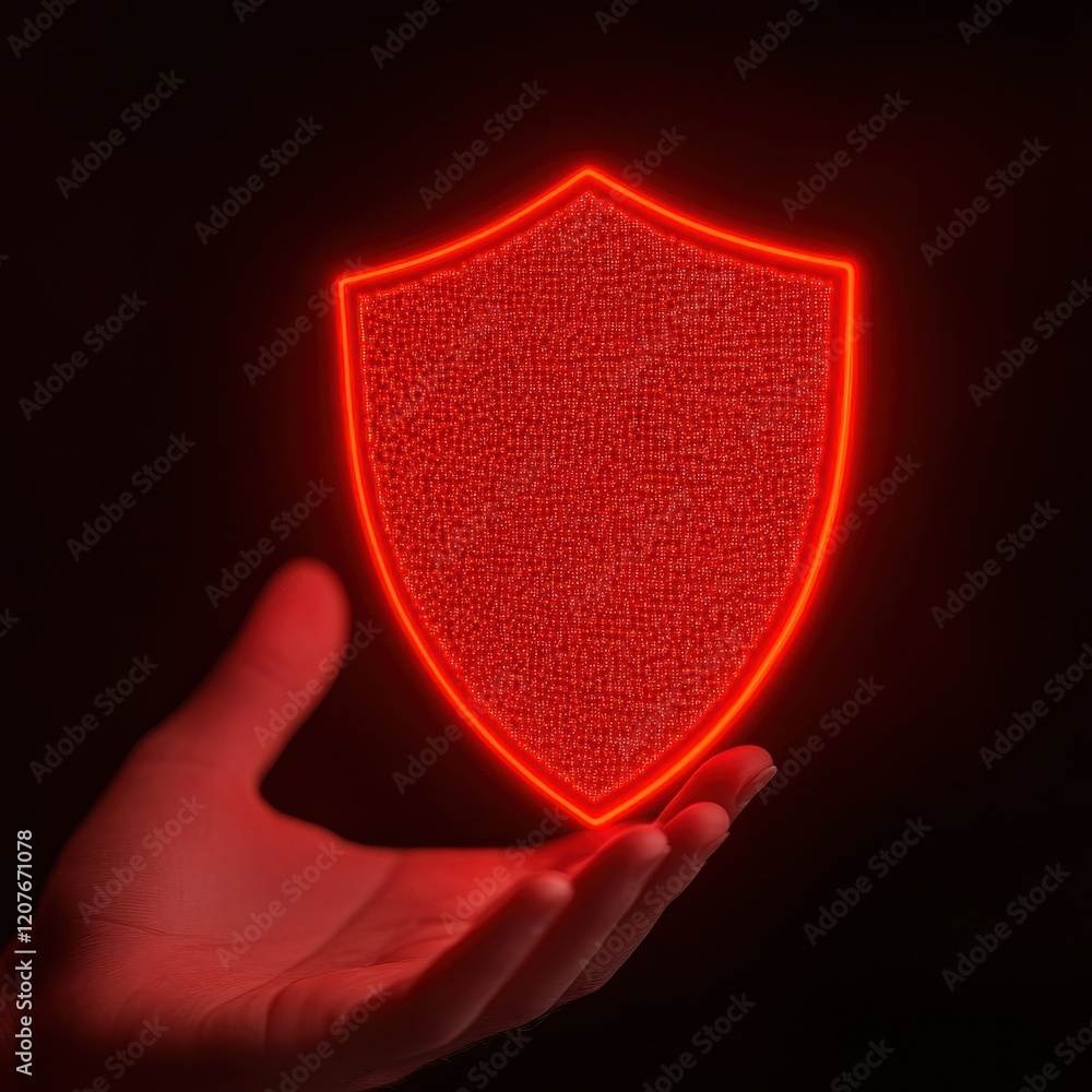 Poster a glowing red shield symbol held in a hand, representing protection and security in the digital age.