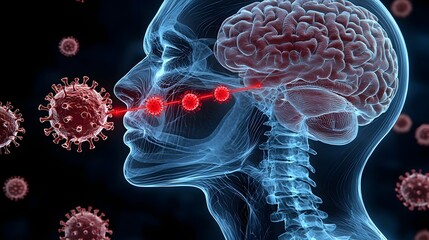 Detailed X ray style visualization of the human head illustrating the respiratory system with red viruses entering the passage in a highly detailed and conceptual digital