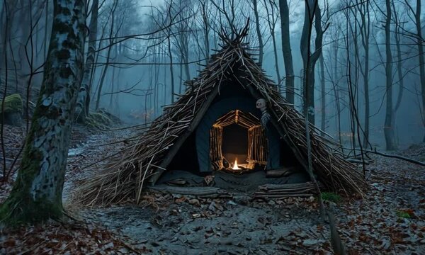 Mystical woodland lean-to shelter with fire, shrouded in fog.