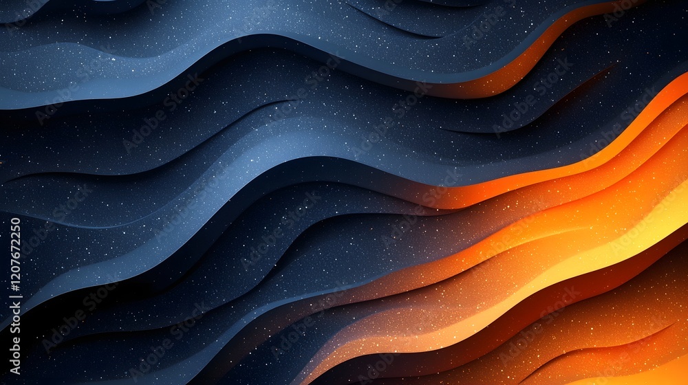 Poster Captivating abstract gradient wave texture featuring grainy blue orange and black hues with smooth transitions and subtle noise for a modern dynamic and atmospheric cover or wallpaper design