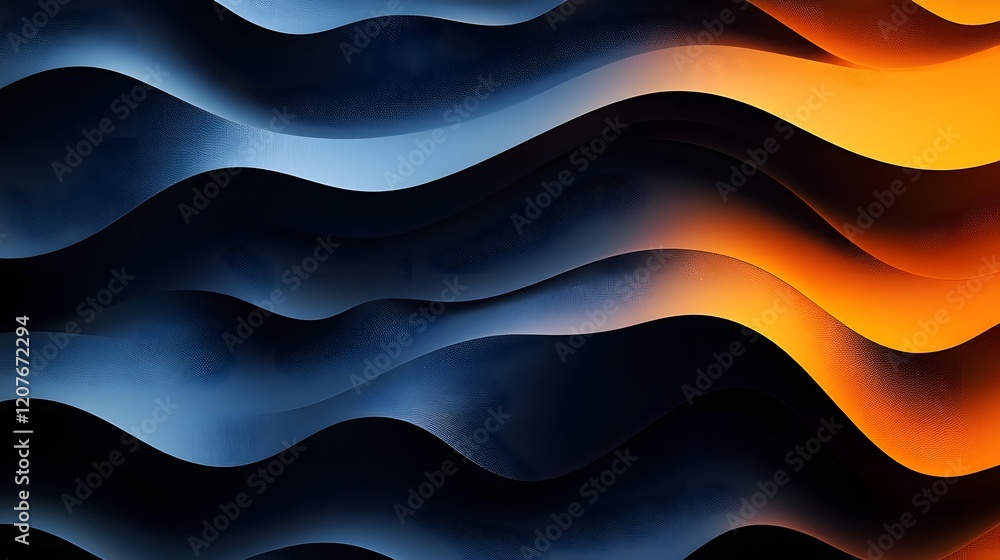 Poster Captivating abstract wave pattern design featuring a mesmerizing blend of blue orange and black gradient with a grainy noise texture creating a bold dynamic