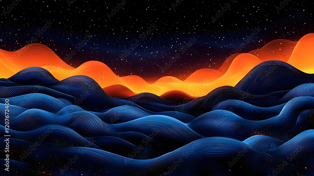 Poster captivating and surreal landscape featuring a gradient of deep blue vibrant orange and inky black hu