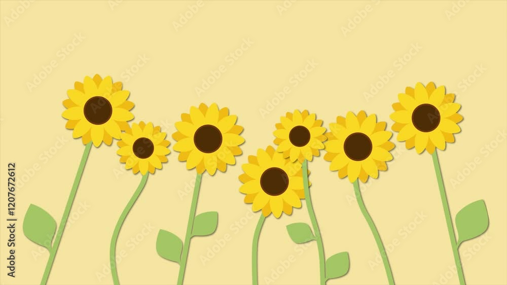 Poster sunflower with leaves. abstract loop animation