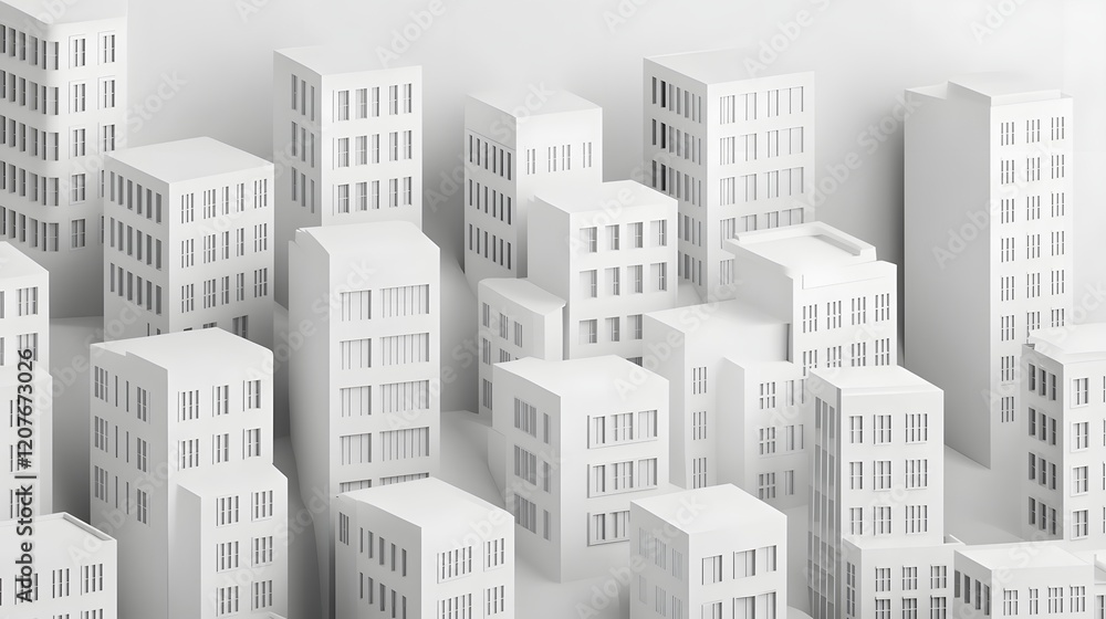 Poster organized monochrome modular cityscape with sleek architectural structures