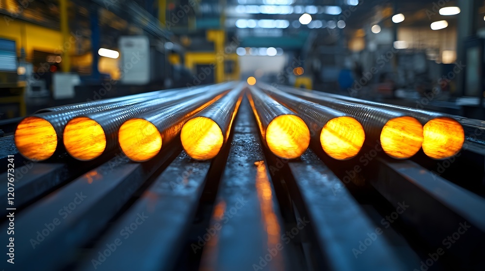 Poster close up view of an industrial conveyor system transporting glowing metal rods showcasing the intens