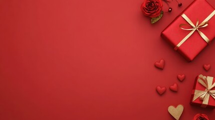 Elegant Red Background with Beautifully Wrapped Gifts, Romantic Hearts, and Delicate Floral Accents Perfect for Valentine's Day Celebrations and Gift Giving Moments