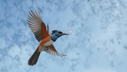 Obraz premium Asian Paradise Flycatcher in flight against a clear blue sky, parid, flying bird