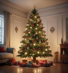 Christmas Eve tree decorated with ornaments and lights, holiday decorations, winter wonderland, elegant setup