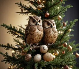 Obraz premium Christmas tree decorated with owl eggs and twigs, forest elements, winter wonderland