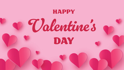 Happy Valentine’s Day greeting card with flying paper cut hearts. Vector illustration