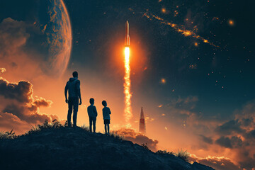 A family standing on a hill watching a rocket launch with excitement, with the glowing sky as a backdrop.