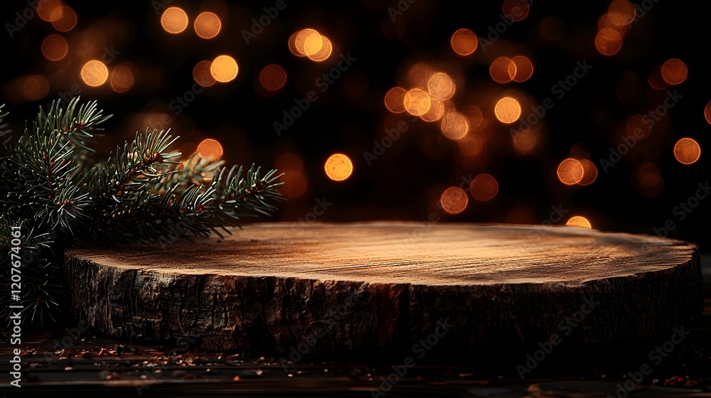 Aufkleber Detailed side view of a rustic textured wooden plate used as a natural and cozy background enhanced by a warm glowing bokeh effect   perfect for creating a peaceful