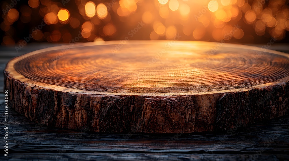 Poster Detailed side view of a rustic wooden plate used as a background enhanced by a warm bokeh glow creating a cozy and natural setting perfect for various design editorial or lifestyle applications