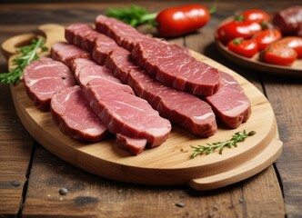 Fototapeta premium Argentinian chorizos and raw steak on a wooden platter, kitchen utensils, raw steak, meat cutting