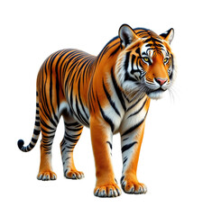 Obraz premium Tiger standing with black stripes and tail on transparent background