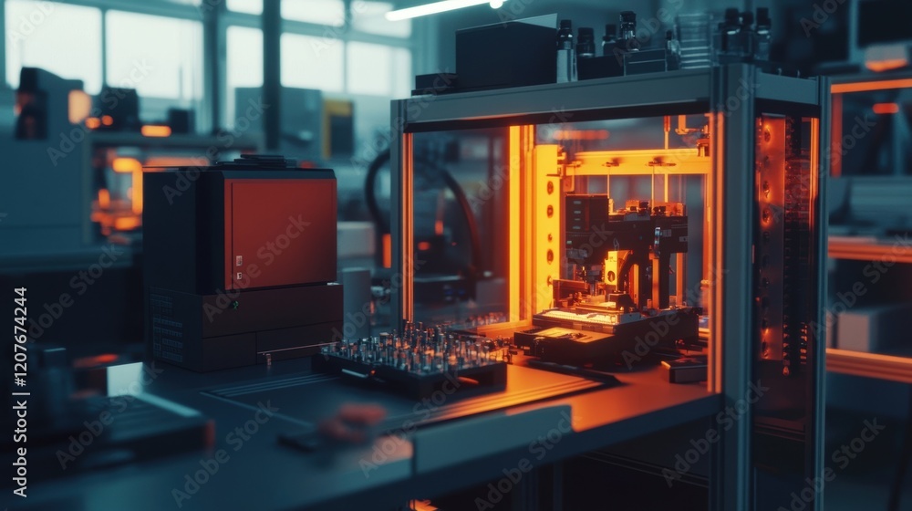 Poster high tech equipment operating within a modern laboratory setting, performing intricate tasks while h