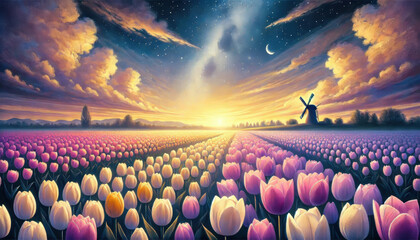 柔らかな色彩で描いたチューリップと風車の風景。
花畑と星空が織りなす調和の瞬間。
自然が奏でる優しい色彩のハーモニー。
風車と花畑の安らぎの情景。
穏やかな夜に包まれるチューリップの花畑。
柔らかな光に包まれる田園風景。
心を穏やかにする色彩の風景画。
Generated by AI.
