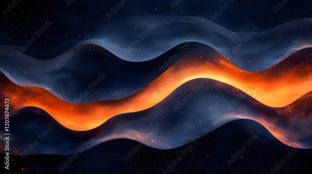 Poster gradient wave texture in deep blue and vibrant orange hues creating a dynamic and dramatic abstract landscape with a sense of movement energy and cosmic