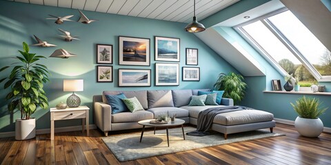 Fototapeta premium Sky blue walls and mahogany floors define this Scandinavian loft bedroom, featuring a gray sectional and nature prints.