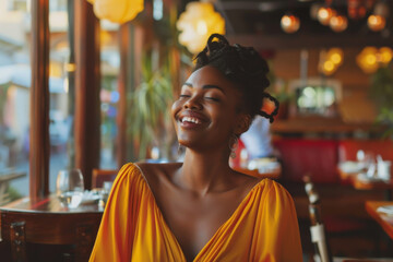 Fototapeta premium Content woman relaxing in a cafe with warm ambient lighting.