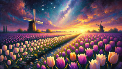 柔らかな色彩で描いたチューリップと風車の風景。
花畑と星空が織りなす調和の瞬間。
自然が奏でる優しい色彩のハーモニー。
風車と花畑の安らぎの情景。
穏やかな夜に包まれるチューリップの花畑。
柔らかな光に包まれる田園風景。
心を穏やかにする色彩の風景画。
Generated by AI.
