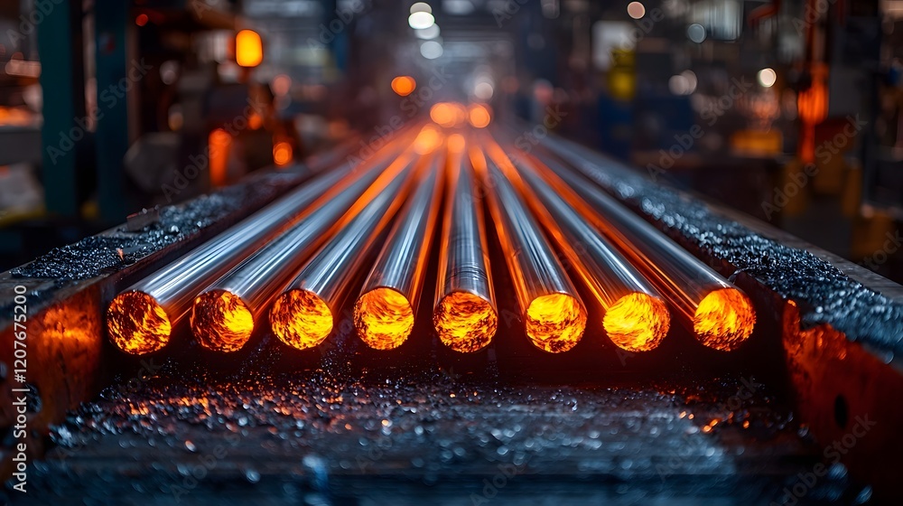 Poster image of heated metal rods glowing with intense light as they move along a conveyor system within an