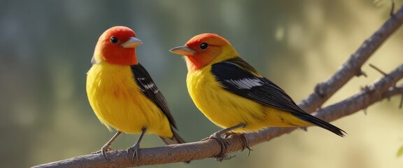 Fototapeta premium Close-up of a western tanager enjoying the morning sun in Idaho, birdwatching, beak, Idaho