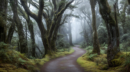Fototapeta premium Enchanted forest trail with moss trees, misty atmosphere and lush green vegetation in a serene landscape