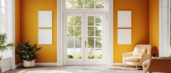 Vibrant Room Interior with White Frames and Large Windows Featuring Natural Light and Greenery Elements