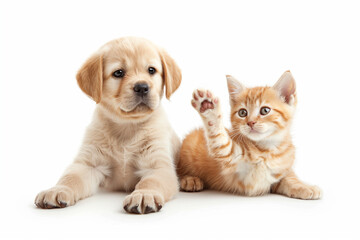 Adorable Labrador Puppy and Scottish Straight Kitten Playfully Waving Paws