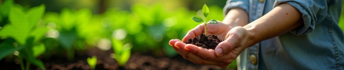 Hand holding healthy soil with a young sprout, symbolizing growth and sustainability.