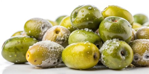 Obraz premium Close-up of olive fruit with a cluster of slimy green mold growing on it on a white background, fruit, nature, fungus