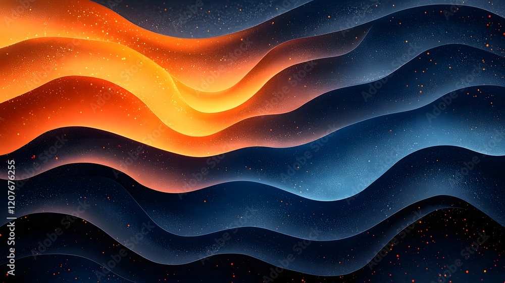 Aufkleber Mesmerizing fluid gradient waves in a cosmic color palette of deep blue vivid orange and dark black create a captivating visually striking background or header design  The dynamic