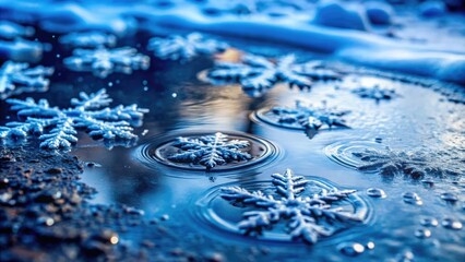 Close-up of rainwater mixing with melting snowflakes on a frozen puddle, snowmelt, rain, transparent, puddle, water