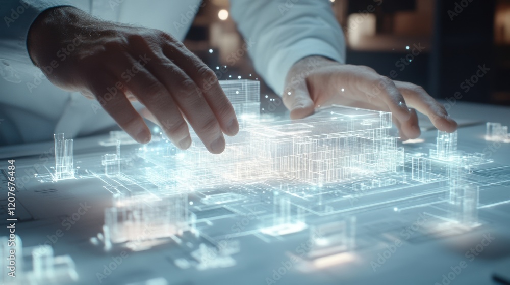 Poster architect manipulating a glowing 3d building model through augmented reality, visualizing innovative