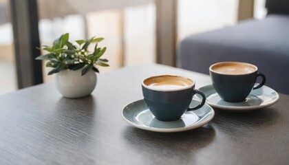 Two coffee cups in modern cafe setting 
