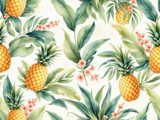 Fototapeta premium Tropical Pineapple Pattern with Vibrant Flowers and Lush Green Leaves