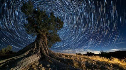 Ancient Juniper Tree Underneath a Starry Night Sky Astrophotography