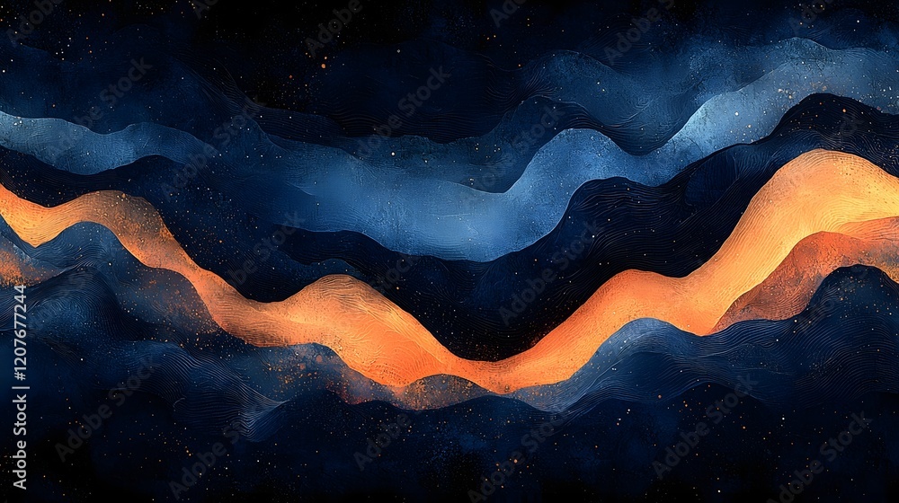 Poster Visually striking abstract background featuring a dynamic gradient wave pattern with a grainy noise like texture in a harmonious color palette of deep blue vibrant orange and rich black  This modern
