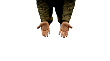 A person standing with both hands cupped in front as if holding water or an object, wearing neutral clothing, centered on a transparent background, occupying 50-80% of the frame for a symbolic 