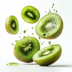 A close up of a green kiwi fruit with a few drops of water on it