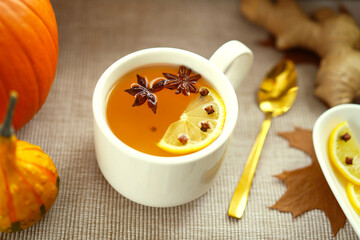 Herbal tea with lemon, anis ginger and cloves. Natural drinks for health. 