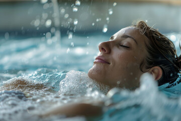 Obraz premium Woman with closed eyes enjoying a soak in a bubbly hot tub