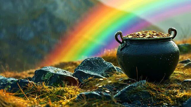 A pot filled with gold coins sits among wet rocks, illuminated by a stunning rainbow in a green mountainous area